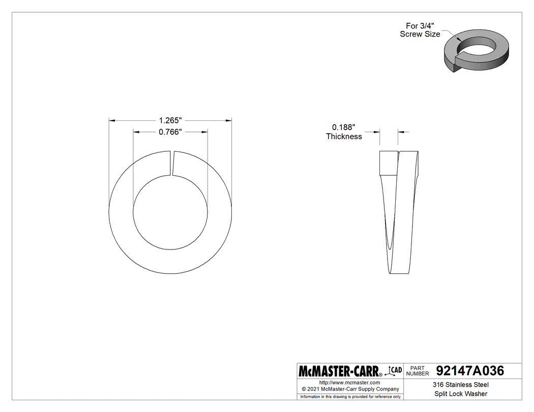 Technical Drawing of 316 Stainless Steel Split Lock Washer, for 3/4" Screw Size, 0.766" ID, 1.265" OD.